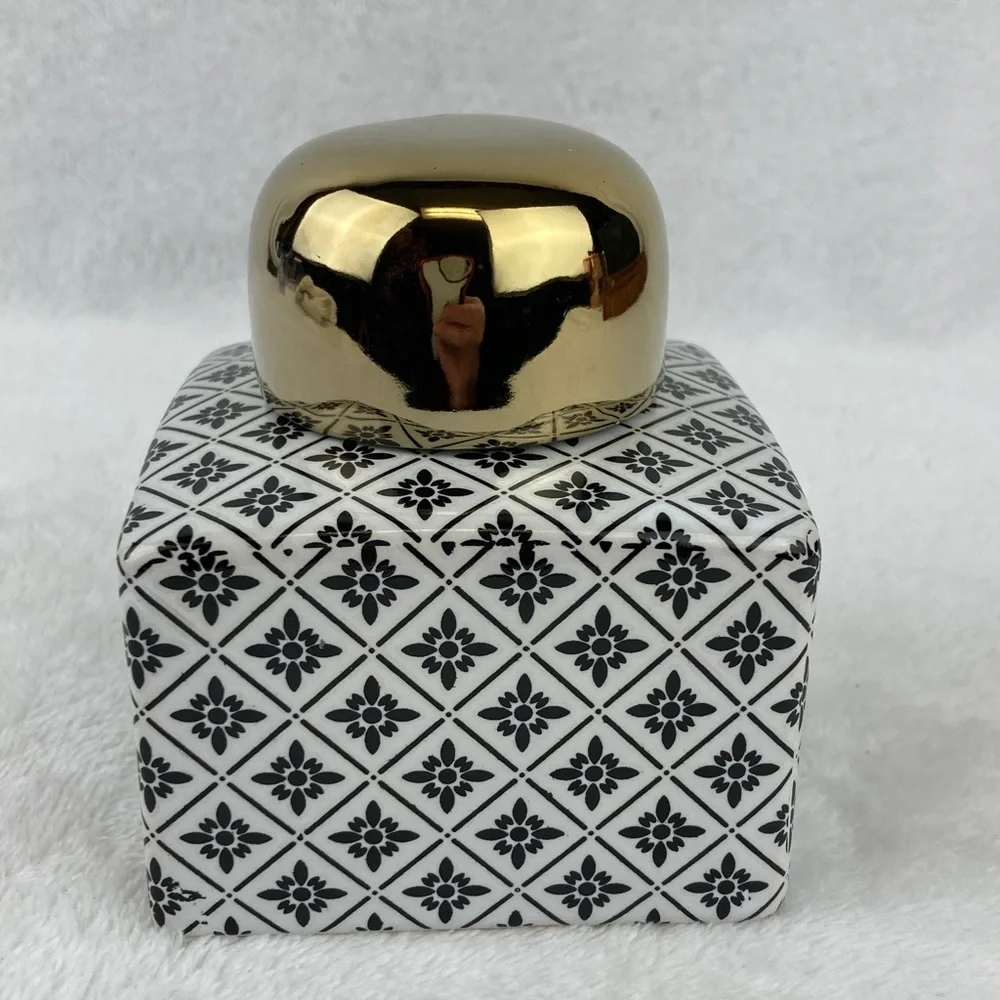 Modern Black & White Patterned Decorative Ceramic Square Ginger Jar Petite 3.5”